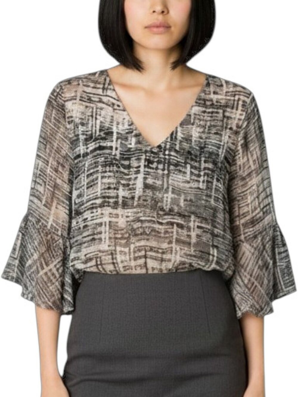 Iris Setlakwe Abstract Bell Sleeve V-Neck Gray Blouse Work/Career/Office - 12